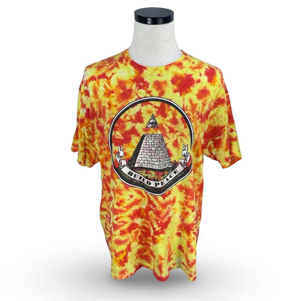 Vintage Hippie Build Peace Tie Dye T-Shirt Mens XL Red Yellow Graphic Tee